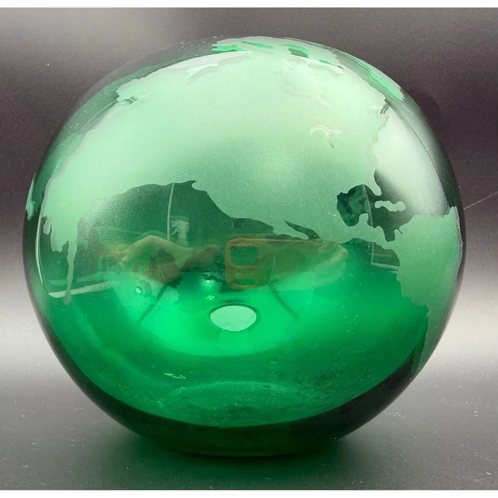 Silvestri Mouth Blown Glass Globe Vase Emerald Green Etched World Map Round 6in